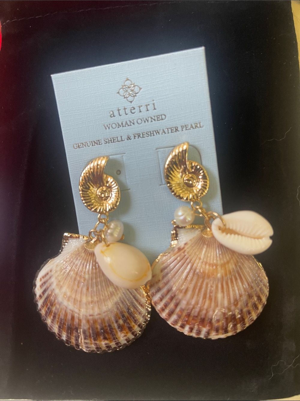 Atterri Gold & Natural Shell Drop Earrings with genuine Freshwater Pearls